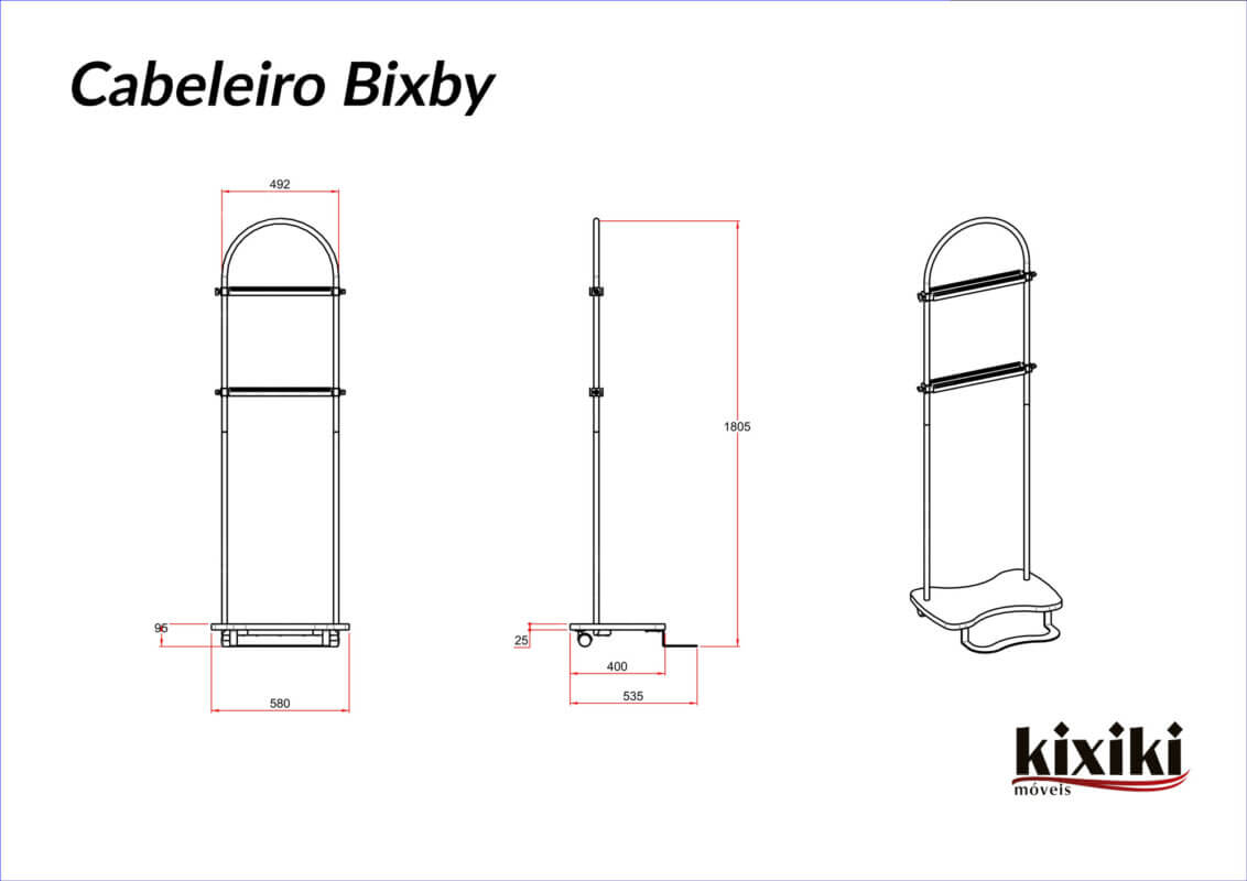 Desenho técnico do cabeleiro Bixby com medidas e dimensões do produto.